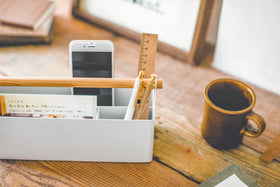 Aerial view of white Desk Organizer holding ruler, pens and phone on counter by Yamazaki Home. view 12