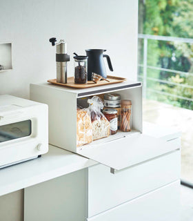 White Bread Box on kitchen counter holding bread and jams  by Yamazaki Home. view 2