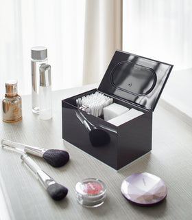 Open black Skincare Organizer on countertop by Yamazaki Home. view 8