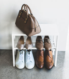 Aerial view of white Shoe Organizer holding purse and shoes by Yamazaki Home. view 4