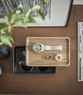 Aerial view of black Accessory Box with Wood Lid holding sunglasses, watch, and rings by Yamazaki Home. view 13