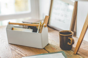 White Desk Organizer holding ruler, pens and paper by Yamazaki Home. view 9