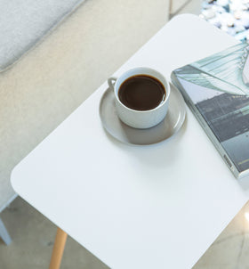 Aerial view of white Side Table displaying coffee cup and book by Yamazaki Home. view 4