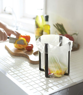 Small black Yamazaki Collapsible Bottle Dryer in a kitchen with a bag held for veggie scraps view 7