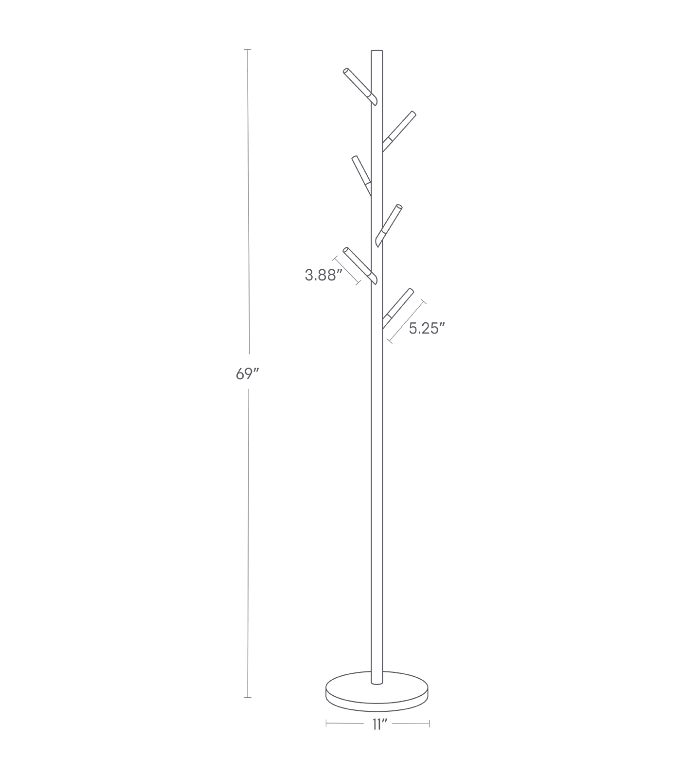 Dimension image for Coat Rack showing base diameter of 11