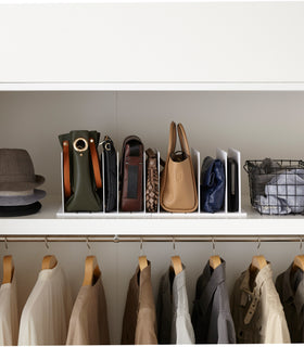 Front view of white Bag Organizer with Customizable Dividers holding bags in closet by Yamazaki Home. view 4