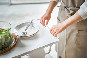 Aerial view of white Rolling Utility Cart displaying food and plates by Yamazaki Home. view 3