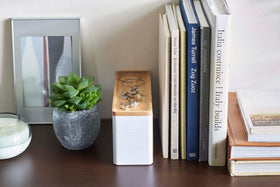 Closed white Stacking Watch and Accessory Case in between books and plants with jewelry on top view 4