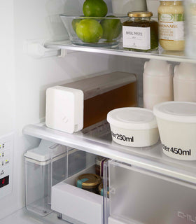 Yamazaki Horizontal Laying Water Container filled with tea laid horizontally in a refridgerator view 6