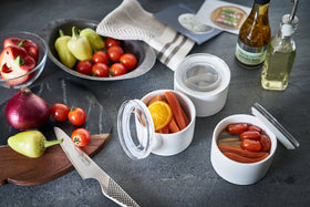 Aerial view of white Ceramic Canisters containing food items by Yamazaki Home. view 3