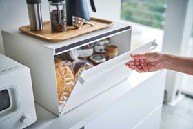 Side view of white Bread Box holding food items in kitchen by Yamazaki Home. view 4