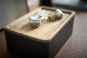 Close up side view of black Accessory Box with Wood Lid holding watch and jewelry by Yamazaki Home. view 14