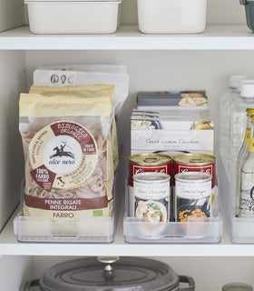 Close up of Yamazaki Refridgerator Organizer Bins on a shelf with food inside view 23