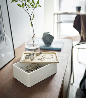 Side view of white Accessory Box with Wood Lid holding watch and jewelry by Yamazaki Home. view 3