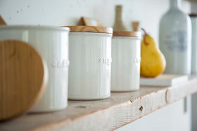 Side view of Ceramic Salt Canister on kitchen shelf by Yamazaki Home. view 6