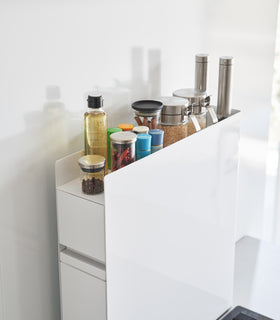 Close up of top of white Yamazaki Home Two-Tier Sliding Drawer Seasoning Rack with spices stored on top view 7